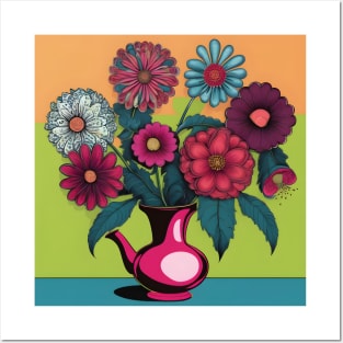 Retro vintage flower pot drawing Posters and Art